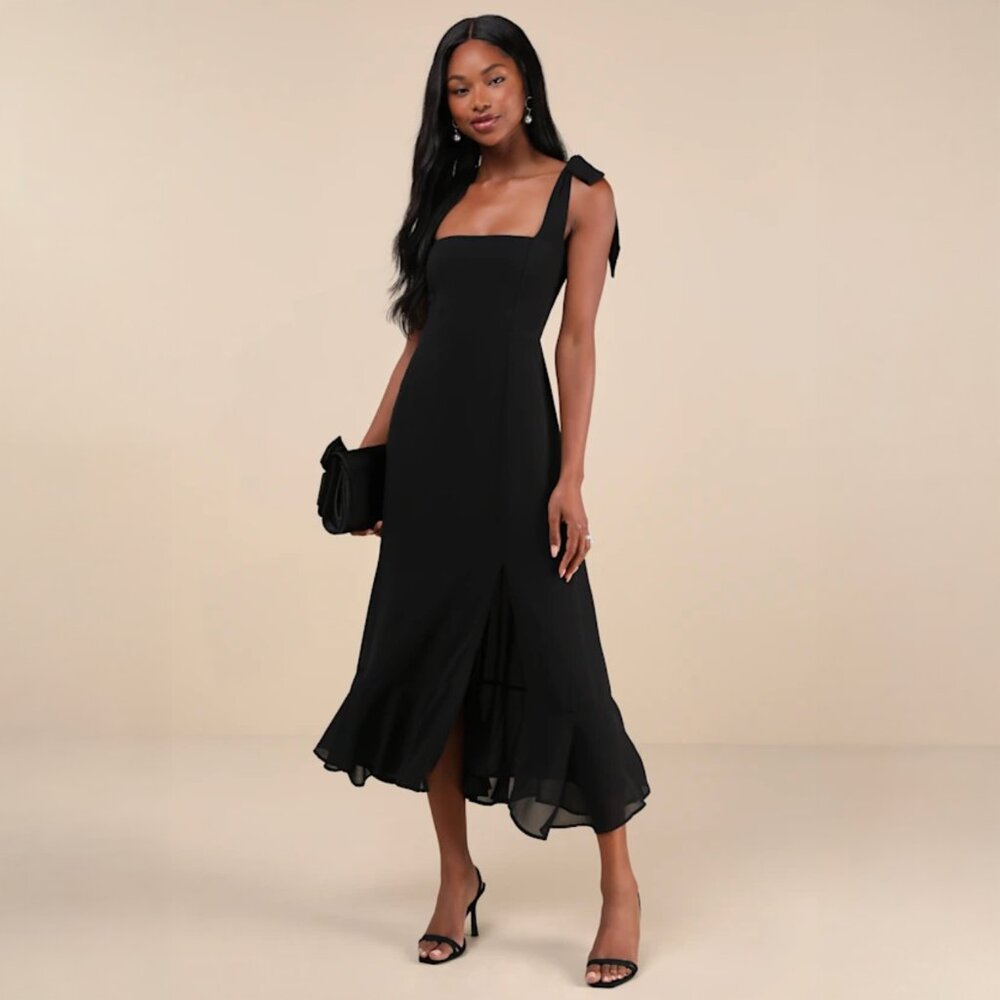 Lulus Summer Invite Black Tie-Strap Tiered Midi Dress – Size Medium – Worn Once